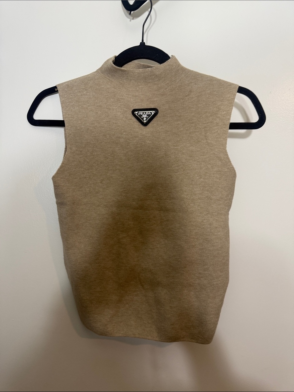 Prada Tan Sleeveless Mock Neck Knit Shell with Logo Plaque